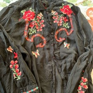 Johnny Was Stunning Long Sleeve Black Floral Top Blouse Large